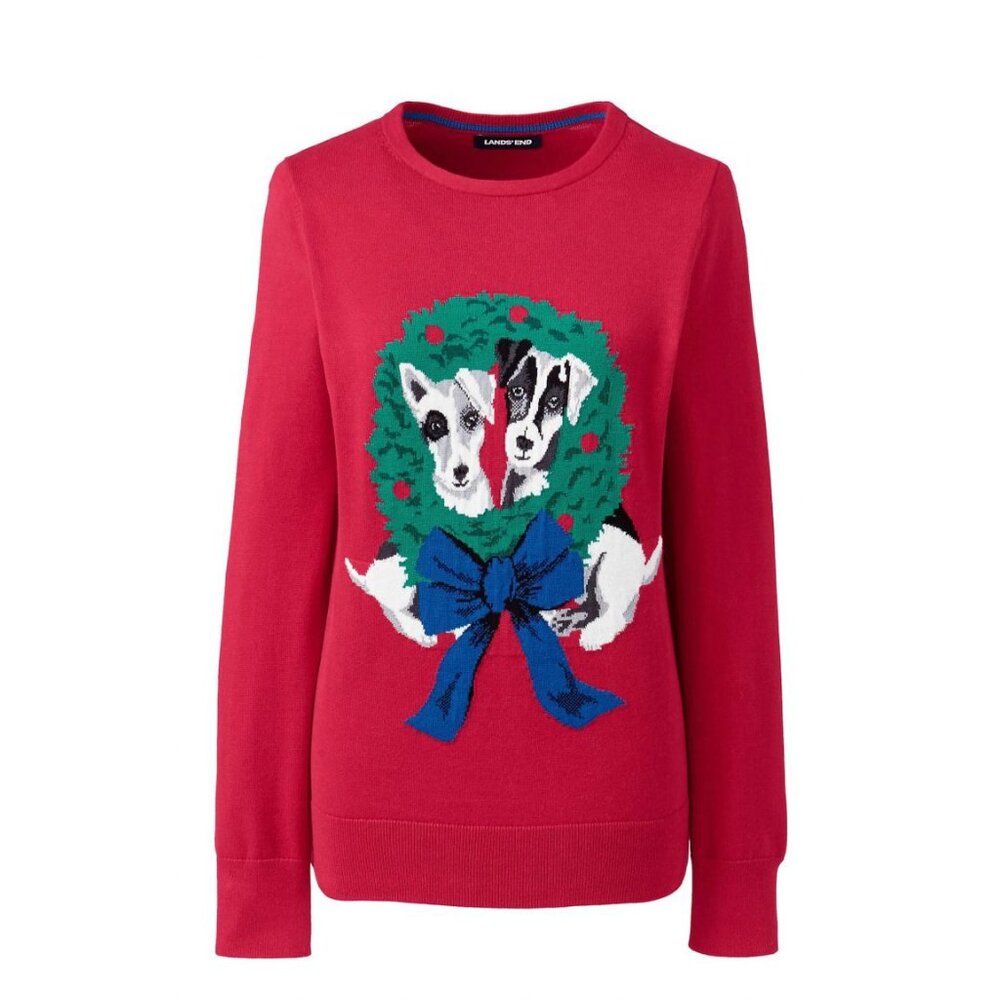 Lands' End Christmas Holiday Dog Wreath Red Sweater Pet Lovers | Knit Festive S - Picture 2 of 10